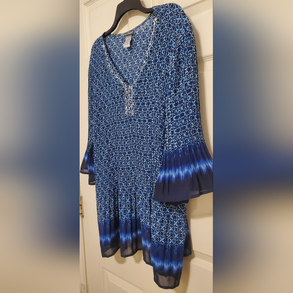Catherines Tunic Blouse Plus 2X WP Accordion Embellished Neckline Lace Up Blue